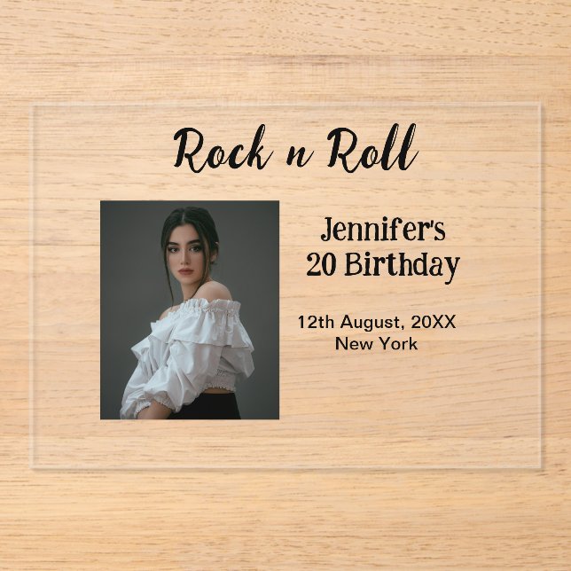 Invitaciones Acrílicas Rock n roll 20 cumpleaños chica foto elegante mode (Anverso)