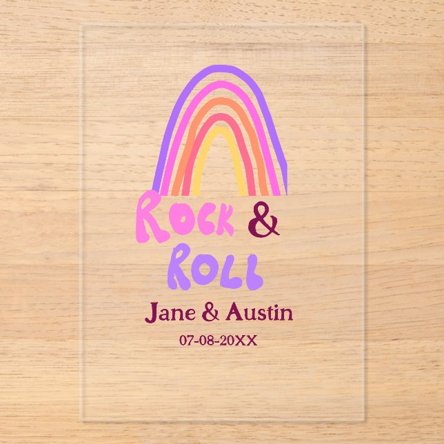 Invitaciones Acrílicas Rock & roll wedding add couple name retro rainbow  (Anverso)