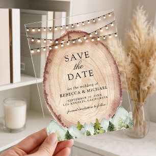 Invitaciones Acrílicas Rodeo de boda rebanada de madera de bosque de pino