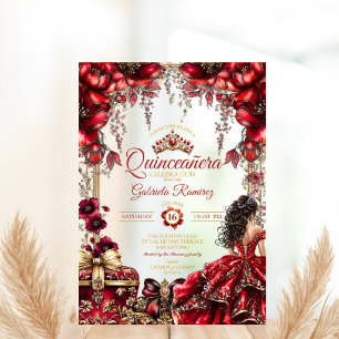 Invitaciones Acrílicas Roja Tiara Floral Dorada Quinceañera