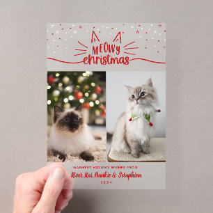 Invitaciones Acrílicas Rojo Blanco Estrellas 2 Fotos de Gatos Meowy Navid