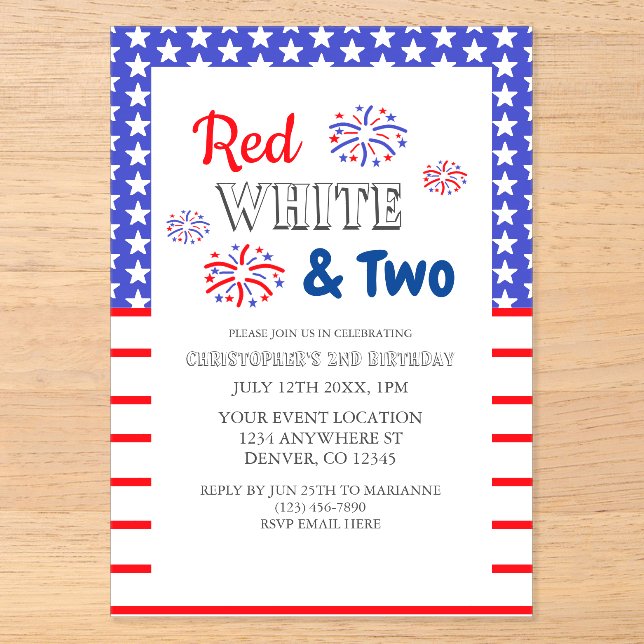 Invitaciones Acrílicas Rojo Blanco y Dos 2do Cumpleaños (Anverso)