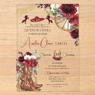 Invitaciones Acrílicas Rojo Borgoña Floral Charro Quinceañera Occidental 