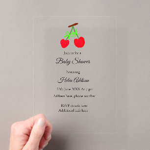 Invitaciones Acrílicas rojo Cereza verde lazo añadir QR baby shower