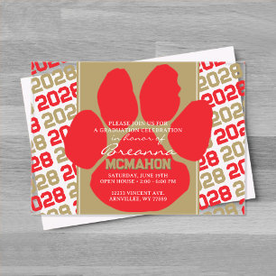 Invitaciones Acrílicas Rojo de Moda y Huella de Pata de Graduación en Oro