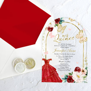 Invitaciones Acrílicas Rojo Dorado Floral Mariposa Quinceañera 