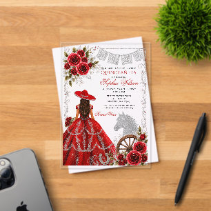 Invitaciones Acrílicas Rojo Plata Caballo Occidental Floral Charra Quince