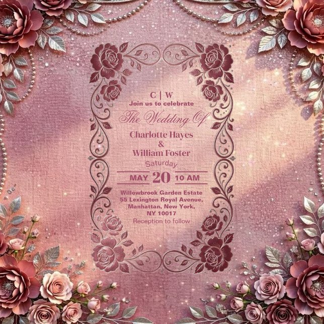 Invitaciones Acrílicas Romantic Blush Pink Rose Silver Floral Wedding  (Romantic Blush Pink Rose Silver Floral Wedding Acrylic Invitations)