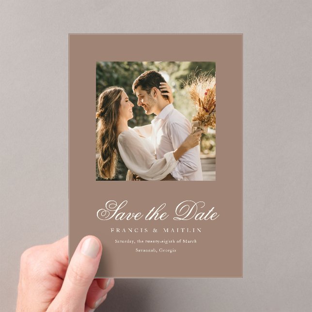 Invitaciones Acrílicas Romantic Brown Photo Elegant Wedding Save the Date (Insitu (portátil))