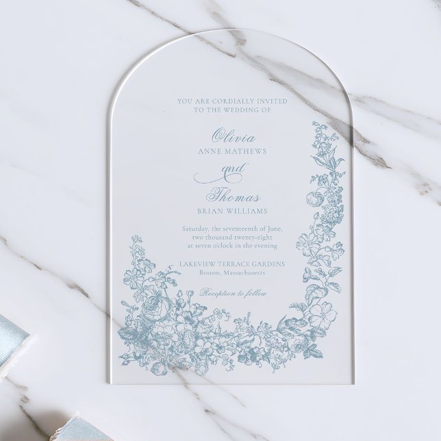 Invitaciones Acrílicas Romantic Dusty Blue Line Art Floral Wedding (Subido por el creador)