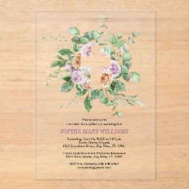 Invitaciones Acrílicas Romantic Flowers & White Cross Girl Baptism