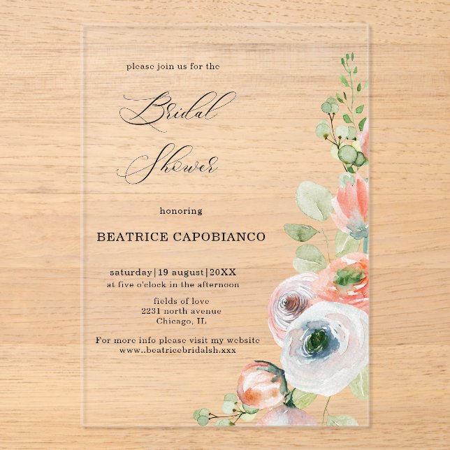 Invitaciones Acrílicas Romantic Peach Coral Floral Bridal Shower  (Anverso)