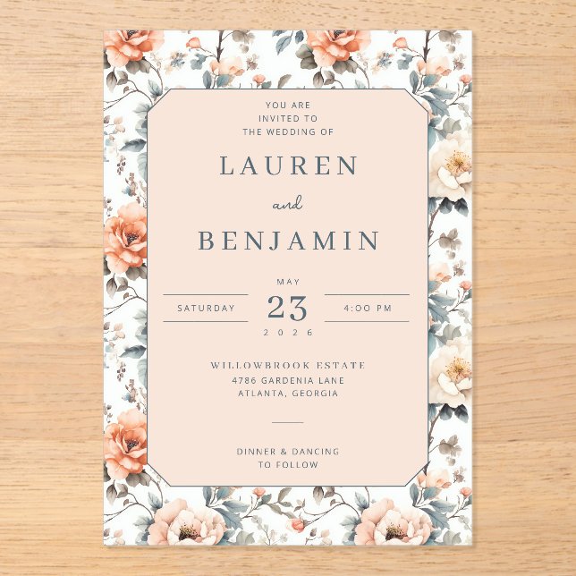 Invitaciones Acrílicas Romantic Peach Floral Wedding Invitation (Anverso)