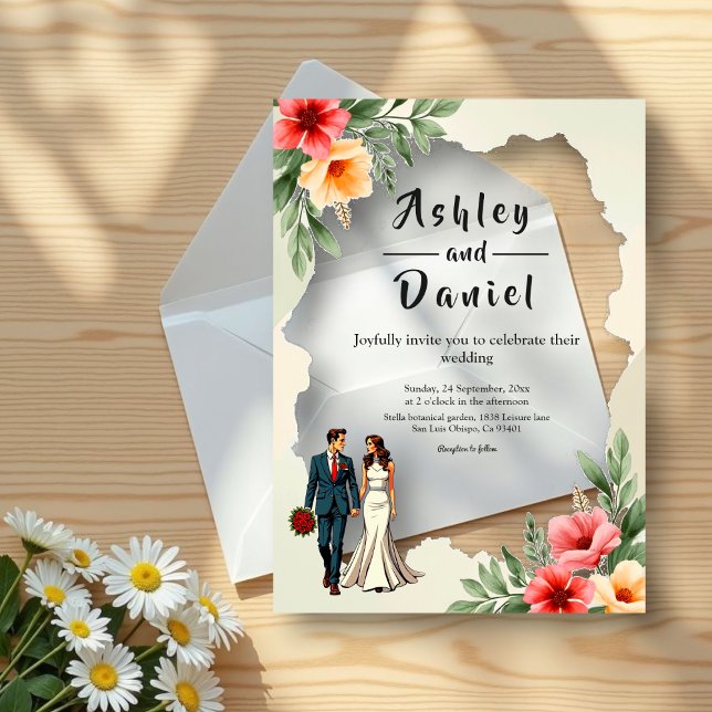 Invitaciones Acrílicas Romántica acuarela Floral Bride y Groom Boda (Subido por el creador)