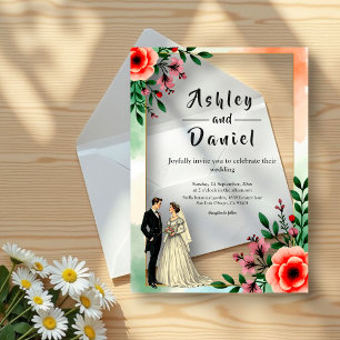 Invitaciones Acrílicas Romántica acuarela Floral Bride y Groom Boda