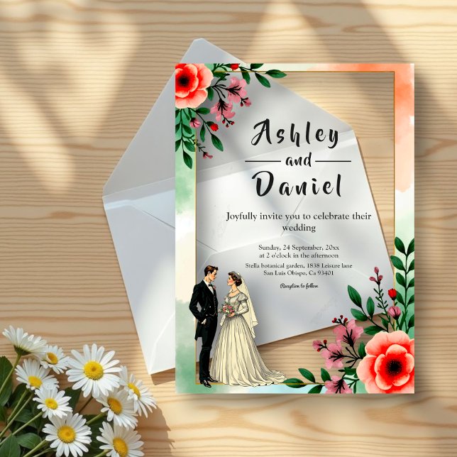 Invitaciones Acrílicas Romántica acuarela Floral Bride y Groom Boda (Subido por el creador)