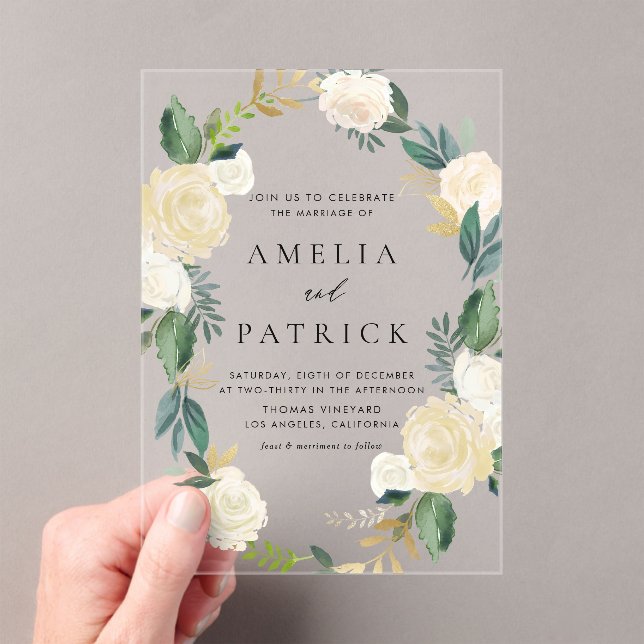 Invitaciones Acrílicas Romántica corona floral acolchada con Boda verde (Insitu (portátil))