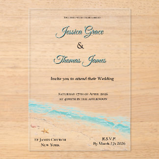 Invitaciones Acrílicas Romántico Boho Elegante Conchas de Playa