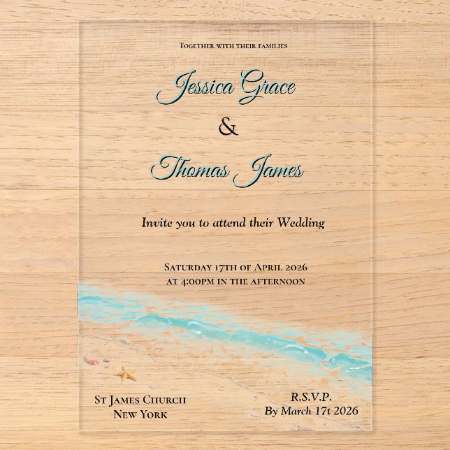 Invitaciones Acrílicas Romántico Boho Elegante Conchas de Playa  (Anverso)