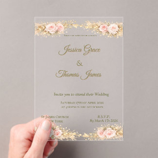 Invitaciones Acrílicas Romántico Boho Elegante Rosa de Otoño 