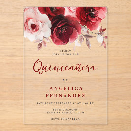 Invitaciones Acrílicas Romántico Fiesta de la Rosa Roja Quinceanera