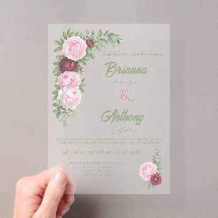 Invitaciones Acrílicas Romántico Merlot y Peonía Rosa Botánico Helado
