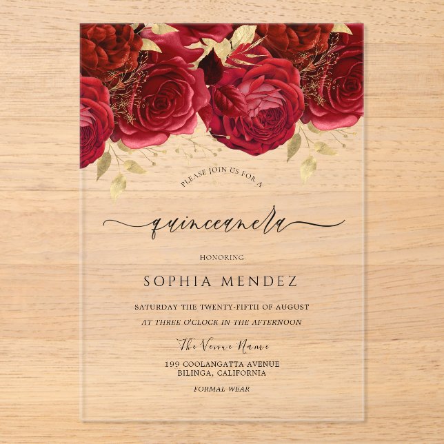 Invitaciones Acrílicas Romántico Roses Rojos Elegante Fiesta Quinceanera (Anverso)