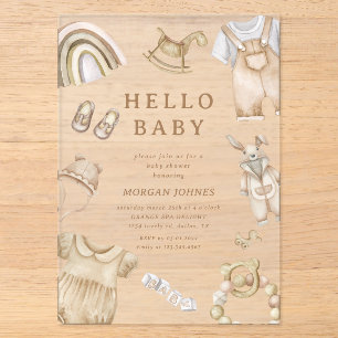 Invitaciones Acrílicas Ropa Boho para Baby Shower de Nursery
