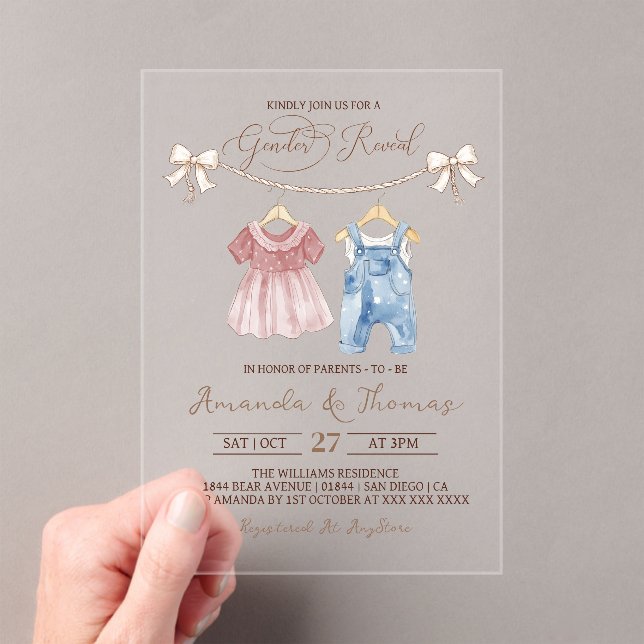 Invitaciones Acrílicas Ropa Boho Revelación de Género (Insitu (portátil))