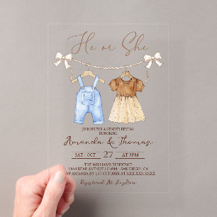 Invitaciones Acrílicas Ropa de bebé Él o Ella Revelación de género