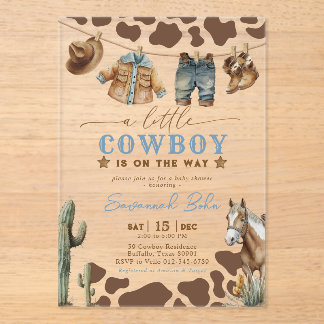 Invitaciones Acrílicas Ropa de bebé para Baby Shower de pequeño vaquero a