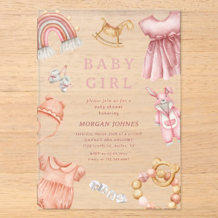 Invitaciones Acrílicas Ropa de niña boho guardería baby shower