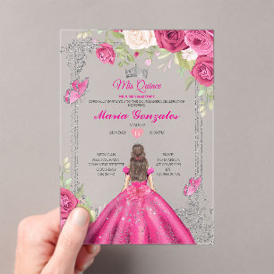 Invitaciones Acrílicas Rosa Acrílico Quinceañera Floral Dulces 15
