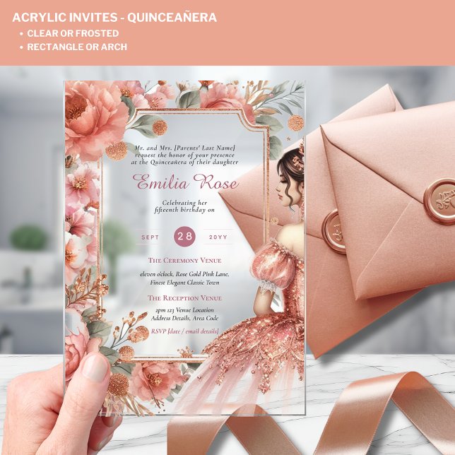 Invitaciones Acrílicas ROSA ACRÍLICO Quinceanera Vestido rosa dorado Tiar (Subido por el creador)