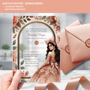 Invitaciones Acrílicas ROSA ACRÍLICO Quinceanera Vestido rosa dorado Tiar