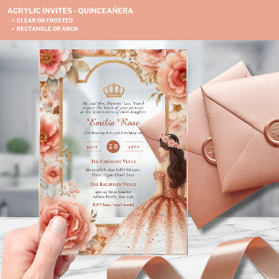 Invitaciones Acrílicas ROSA ACRÍLICO Quinceanera Vestido rosa dorado Tiar