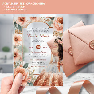 Invitaciones Acrílicas ROSA ACRÍLICO Quinceanera Vestido rosa dorado Tiar