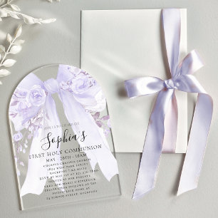 Invitaciones Acrílicas Rosa Arco de Primera Comunión Floral Lazo Morado