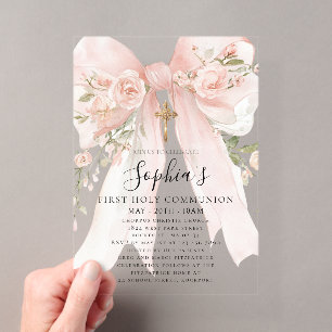 Invitaciones Acrílicas Rosa Arco Rosa Floral Primera Comunión Niña