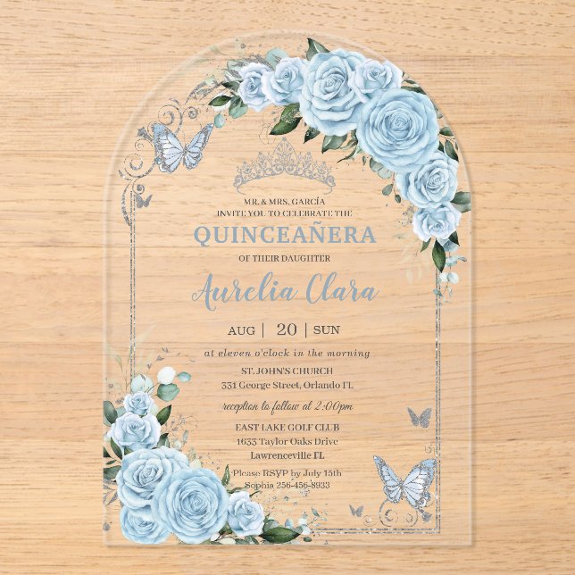 Invitaciones Acrílicas Rosa azul cielo claro Floral Quinceañera dulce 16  (Anverso)