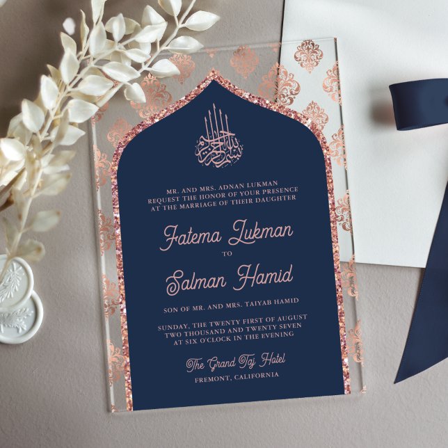 Invitaciones Acrílicas Rosa azul de la marina Damask Arch Boda musulmana (Subido por el creador)