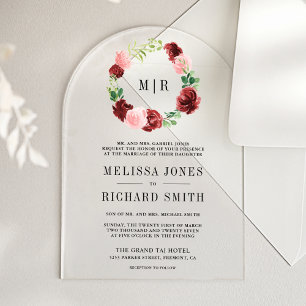 Invitaciones Acrílicas Rosa bermellón floral azul marino boda