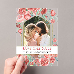 Invitaciones Acrílicas Rosa Coral Floral Foto Boda Save the Date