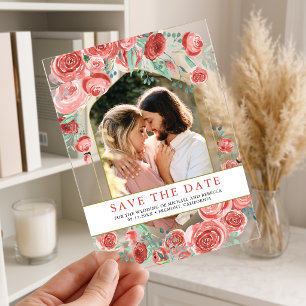 Invitaciones Acrílicas Rosa Coral Floral Foto Boda Save the Date