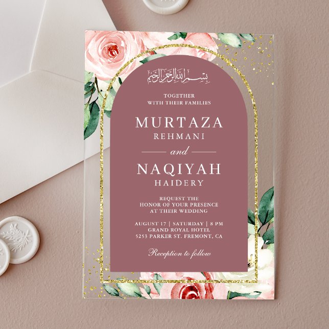 Invitaciones Acrílicas Rosa de arca con flores rosadas y Boda musulmana (Subido por el creador)