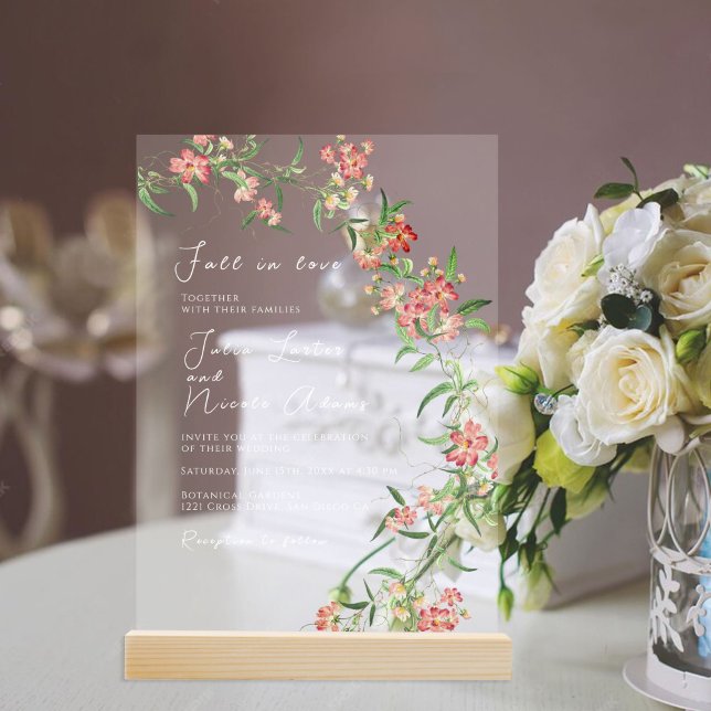 Invitaciones Acrílicas Rosa de flores silvestres rosadas Boda Spring Garl (Subido por el creador)