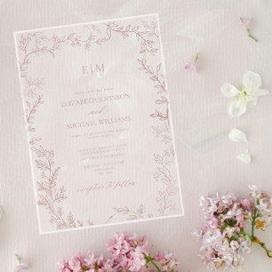 Invitaciones Acrílicas Rosa de hoja mínima  elegante Boda monograma elega