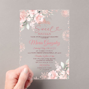 Invitaciones Acrílicas Rosa de invierno rosado dorado dulce floral 16 cum