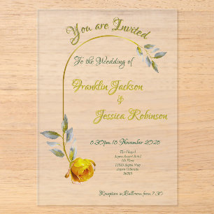 Invitaciones Acrílicas Rosa de la Paz Amarillo-Rosa con Boda Verde Pálido