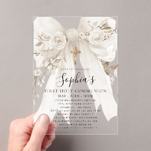 Invitaciones Acrílicas Rosa de lazo blanco Floral niña Primera Comunión